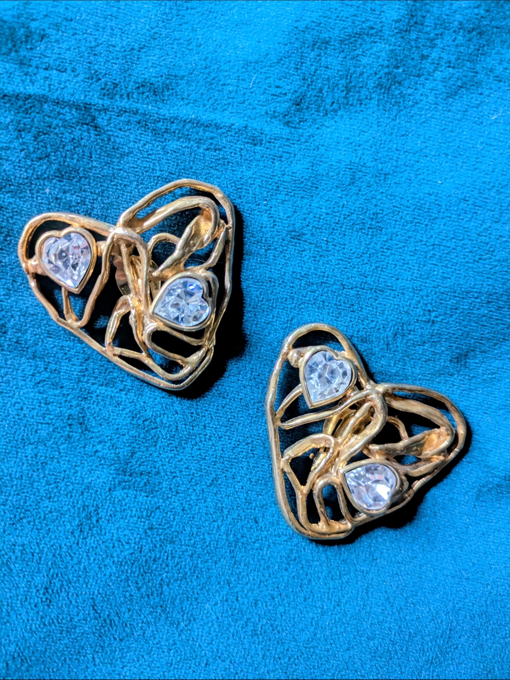 YSL 80s 90s Vintage Clip On Gold Heart Earrings Clear Crystal Hearts